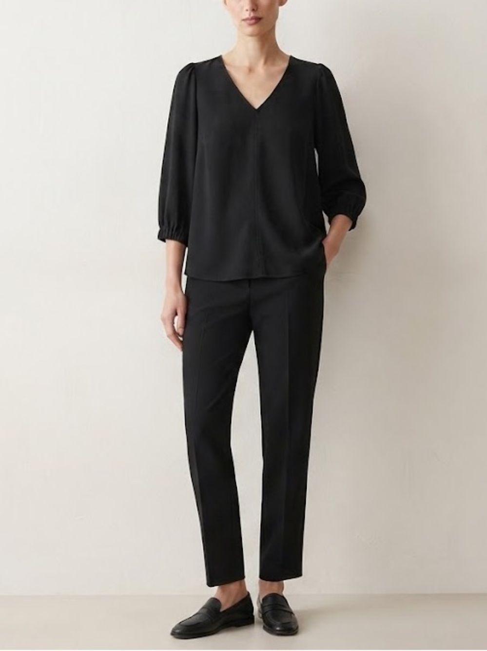 Tuckernuck Black V-Neck Peasant Sleeve Tunic A-Line Blouse Sz L Office Chic Prep